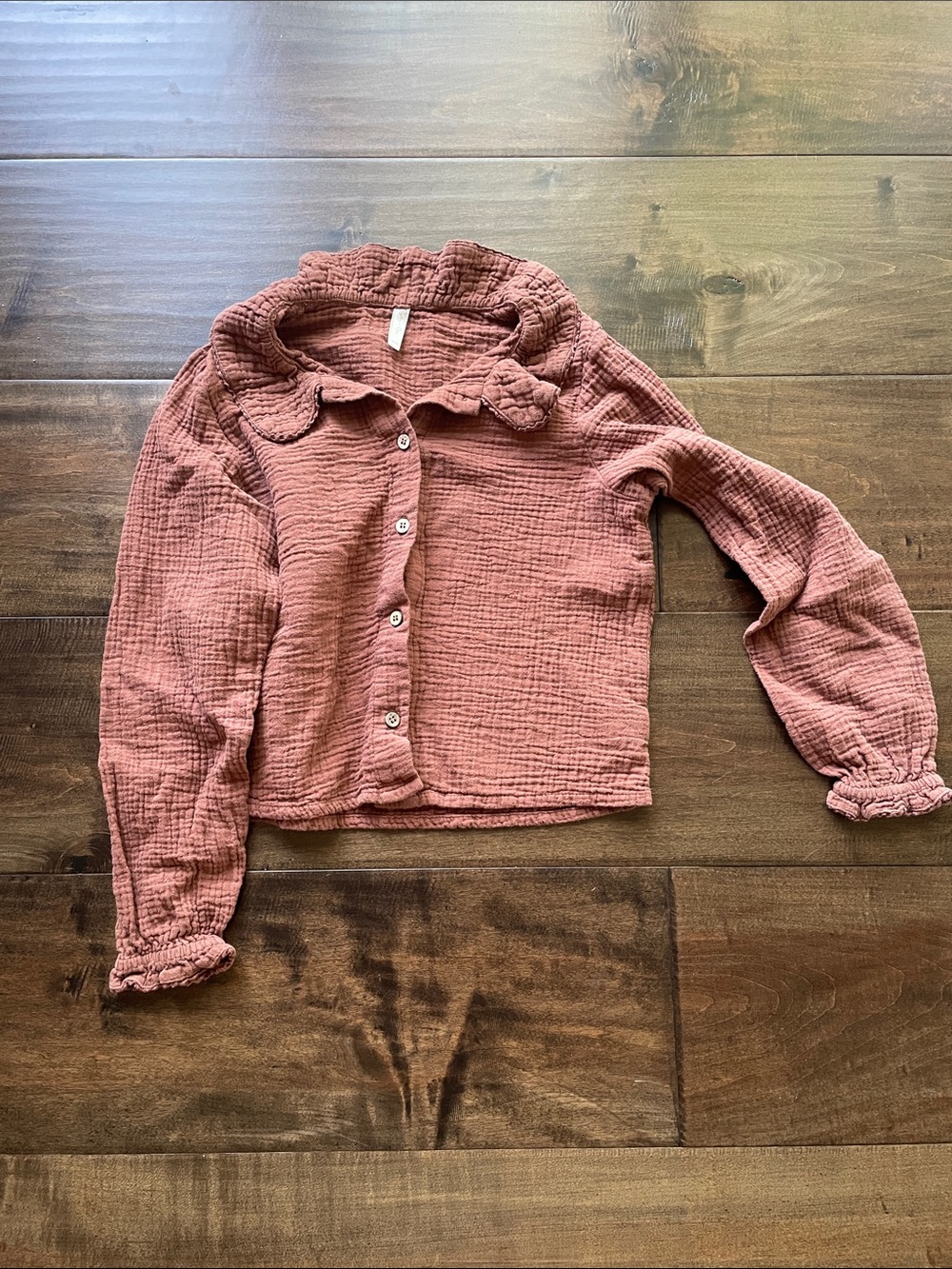 Rust Gauze Button-Up Shirt with Ruffled Collar